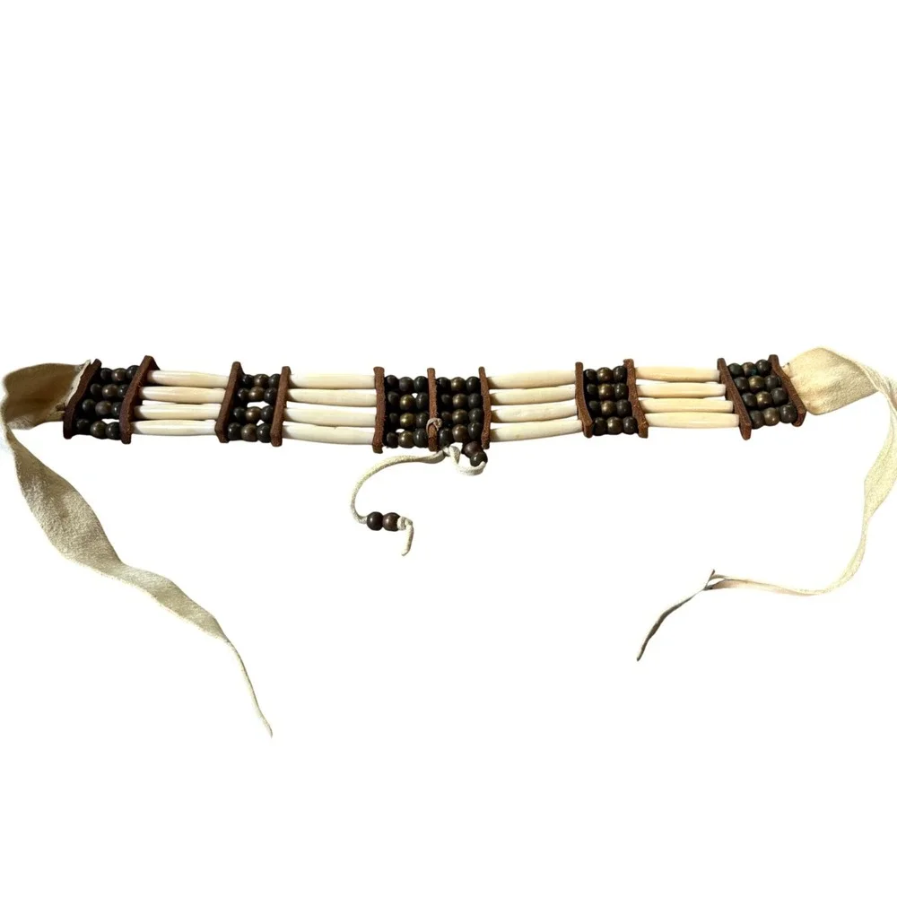 Vintage Style Bone Hairpipe Choker Necklace Leather Tie Wood Bead Tribal Boho